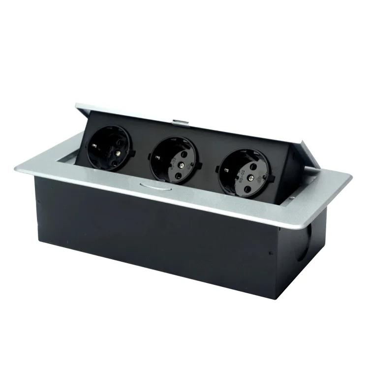 Three EU standard power socket information boxes are hidden with built-in black silver slow ejection meeting desktop socket