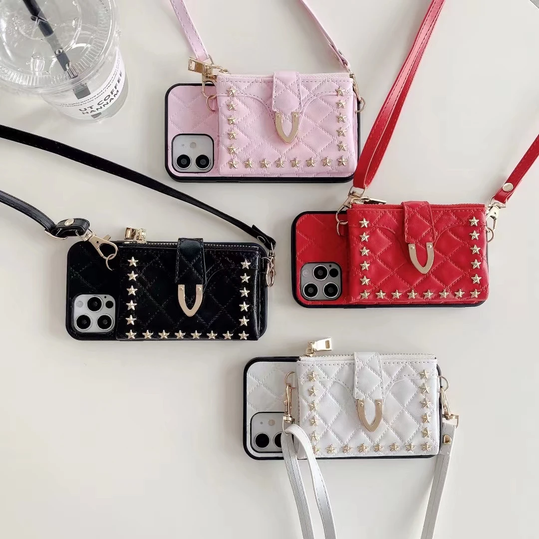 Casing Dompet Selempang Paku Keling untuk iPhone 12 Pro X XR XS Max  Plus Tas Selempang Kulit Tas Bahu Tas Kartu Lanyard