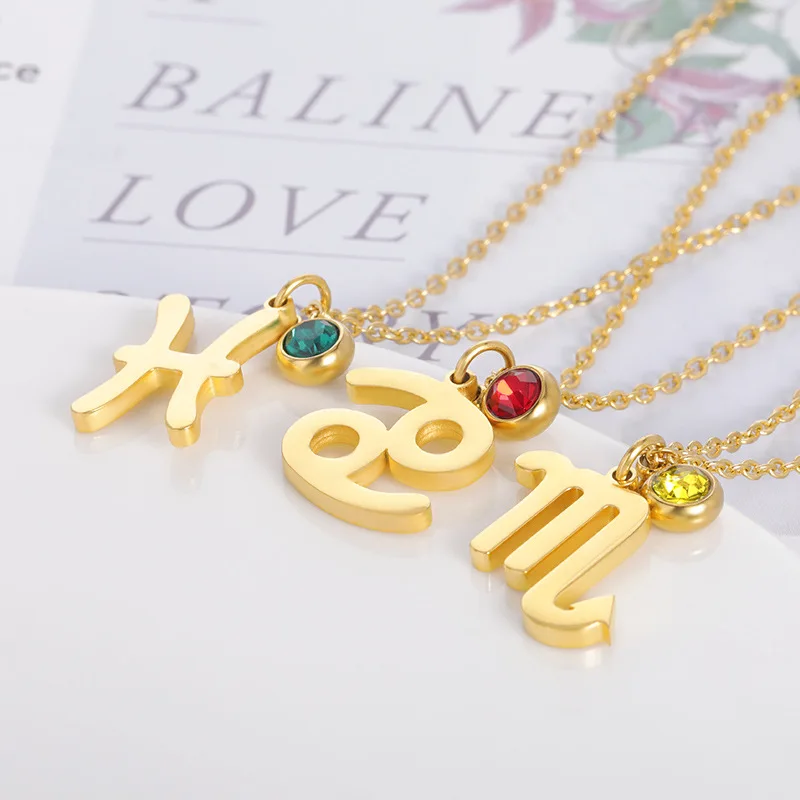 New Gold Color Colorful Birthstone Zodiac Sign Necklace Stainless Steel Pendant