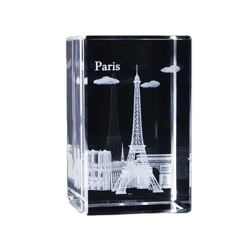 Venta al por mayor de fábrica de cubos de cristal en blanco con forma de Torre Eiffel, Arco del Triunfo, Louvre, Notre Dame, grabado láser 3D