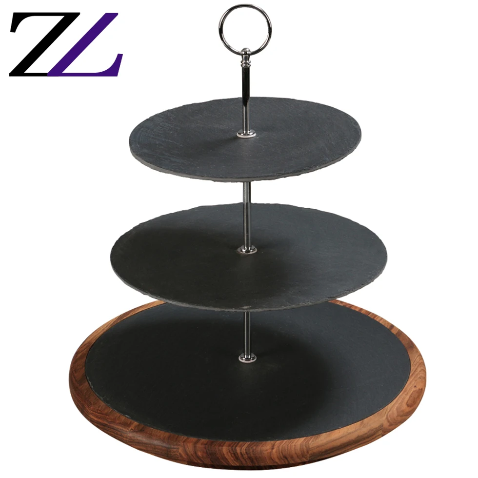 New Advantages of Buffet Catering Service Black Food Serving Dinner Pizza Wood Plate with Punch Handle Natural Slate Stone Plate