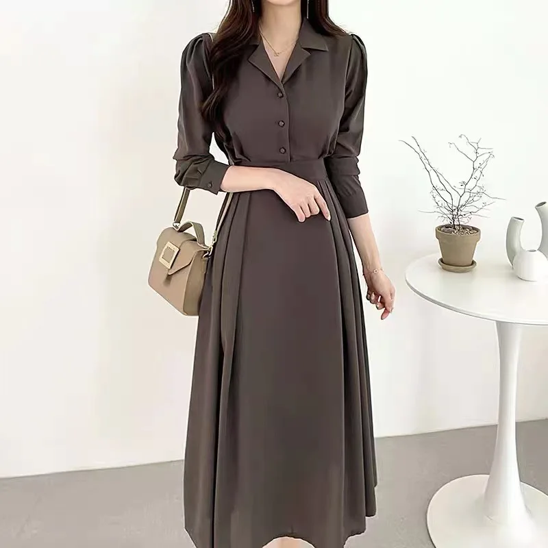 New Fashion Lady Korean Style One Piece Dress Long Sleeve Single Breasted  Shirt Dress Women