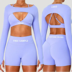 Gym Fitness Sets for Women High Quality Sports Outfit Scrunch Shorts and Bra Long Sleeve Active Yoga Wear Workout Sportswear