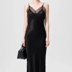 Elegant Satin Dress with Lace Stitching 100% Acetate Floor-Length Breathable Party Style for Summer OEM/ODM Service Available