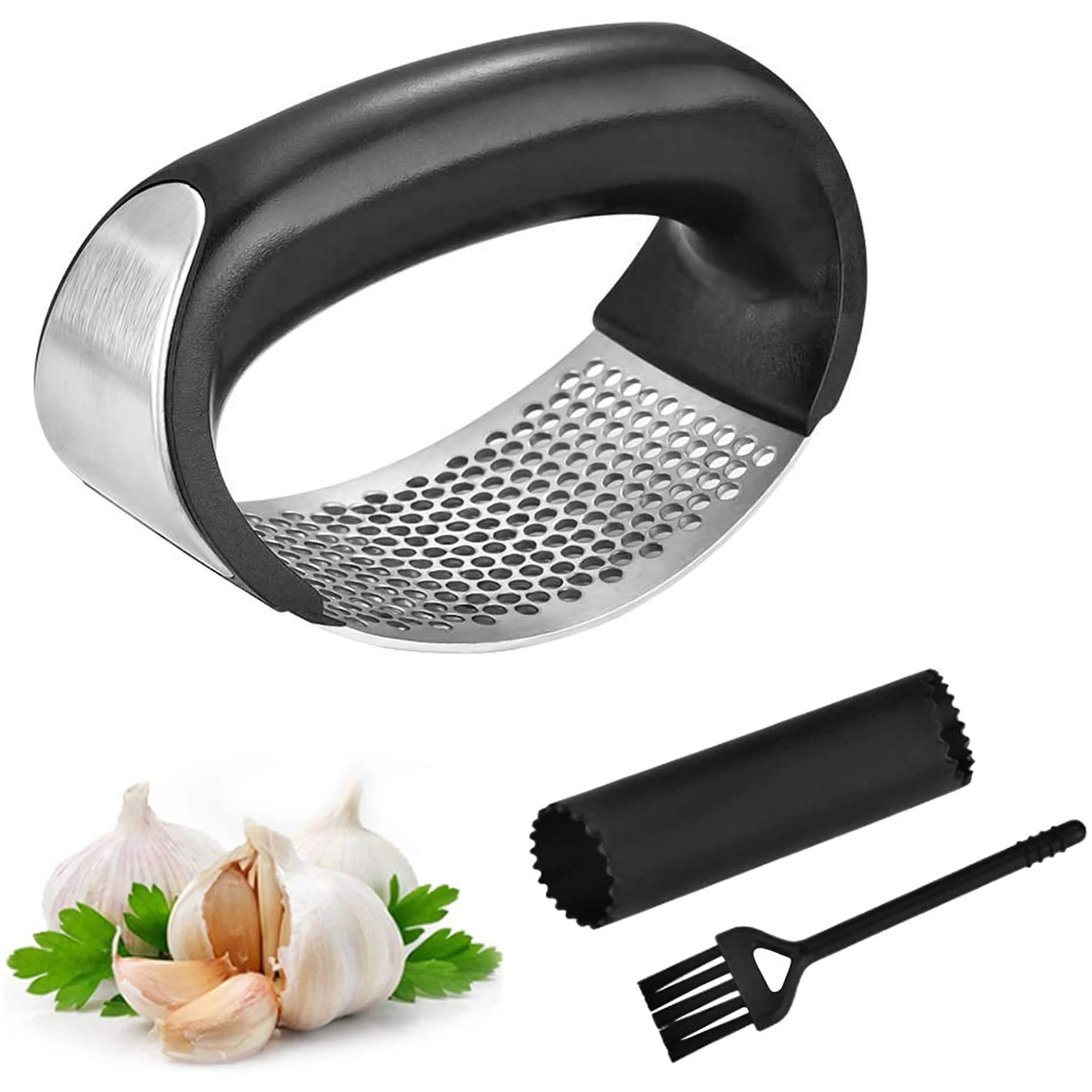  Garlic Press Rocker Stainless Steel Ginger Crusher Squeezer  Kitchen Gadget with Ergonomic handle, Silicone Tube Garlic Peeler and  Cleaning Brush Tool Set: Home & Kitchen