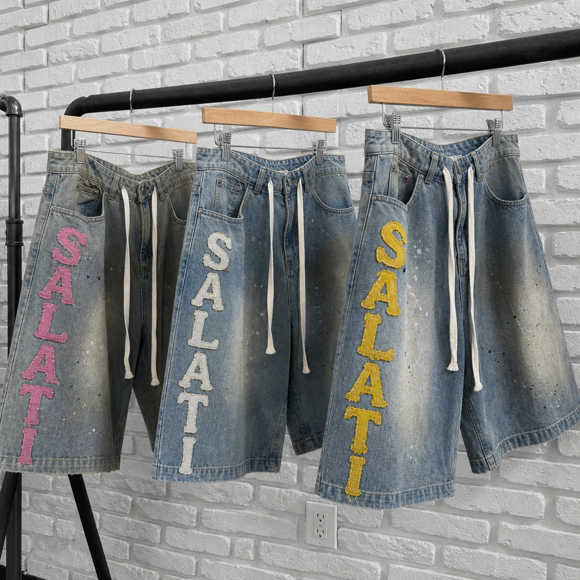 Wholesale Custom Logo Washed Baggy Wide Leg Streetwear Embroidered Letter Print Summer Cotton Casual Wear Men Denim Shorts gallery 2