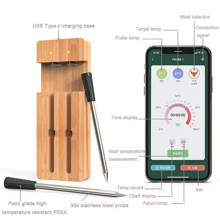 Bluetooth Bbq Grill Cooking Thermometers Smart Wireless Meat Thermometer With Wooden Charging