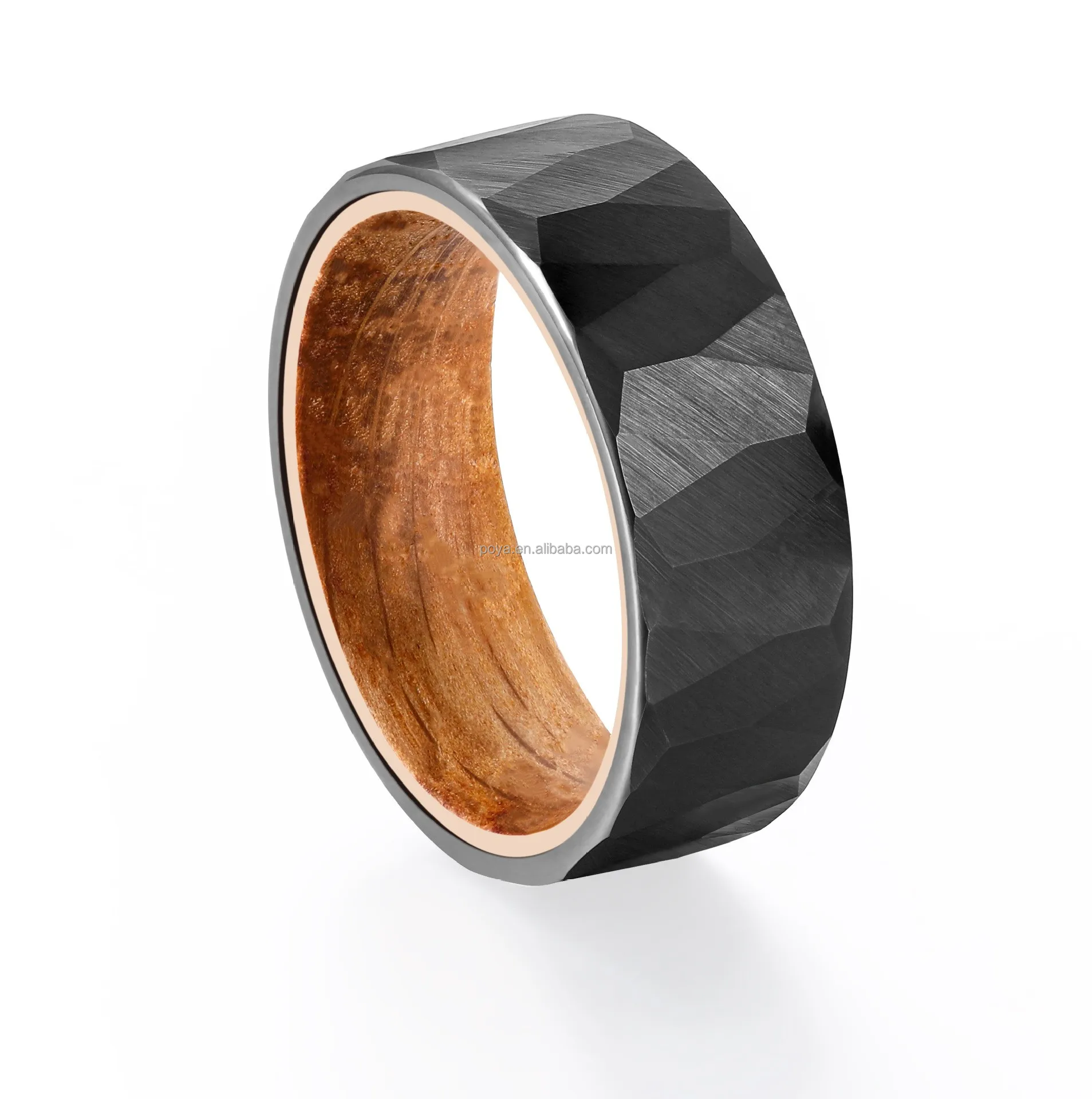 POYA Black Tungsten Hammered Ring Whiskey Barrel Oak Wood Man Rings 8mm for Gift