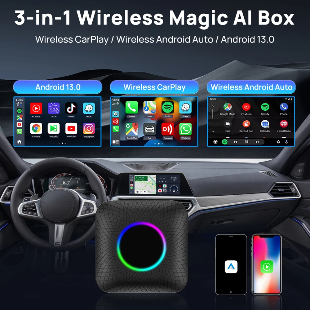 Carlinkit Tbox Ambient Android 13 Wireless Carplay Adapter, 8+