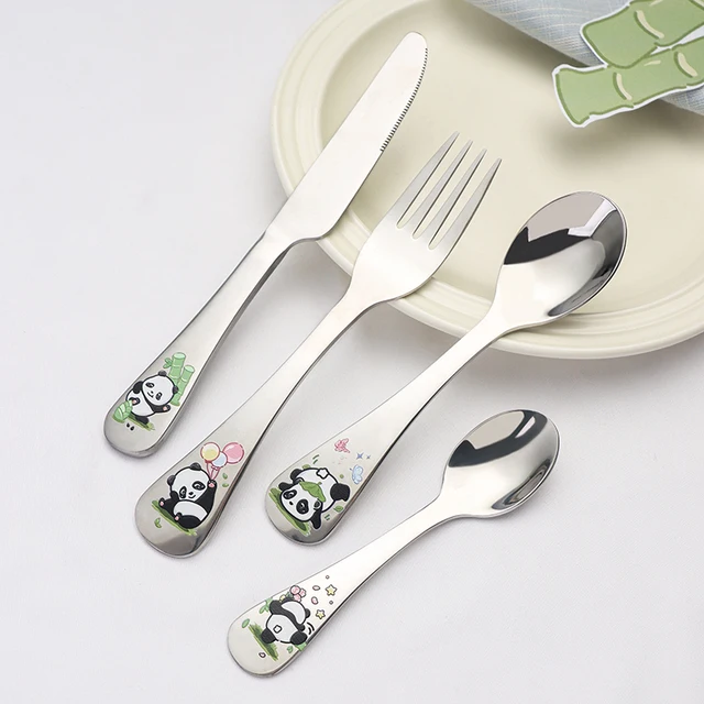 Stainless steel 18/10  Kids Spoon And Fork Set Mini Carton Panda design Cutlery For Children Stainless Steel Tableware