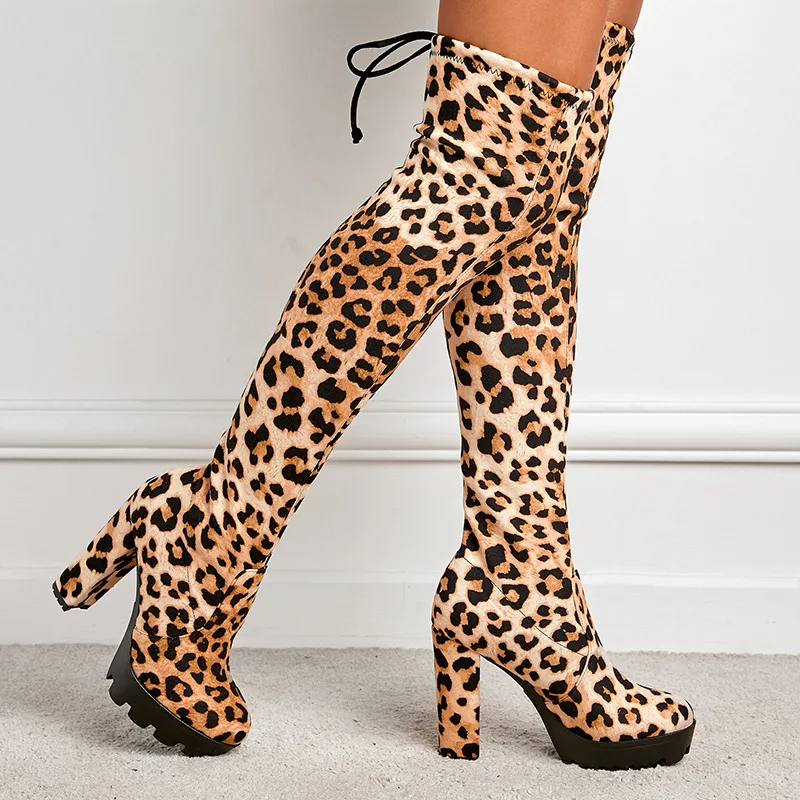 Hot Selling Winter Fashion Leopard Print Elastic Boots Chunky Heels Platform Lace-up Women Over The Knee High Heel Boots - Image 4