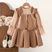 2025 New Baby Girl Three-Piece Stylish Skirt Suit Autumn Cute Leather Solid Pattern Fashionable Children's Wear