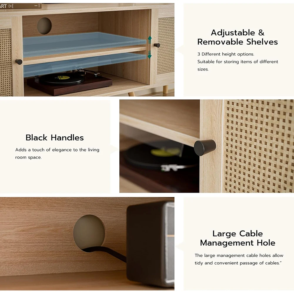 Modern TV Stand for TVs up to 65'' 2 Cabinets Rattan Door & Wooden Shelves Entertainment Center for Home Living Room manufacture