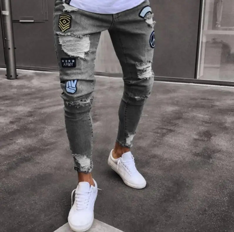 Four Seasons Youth Fashion Jeans Men's Tight Stretch Pencil Pants Denim Cotton Frayed Sports Letters Trousers Badge Men's Pants