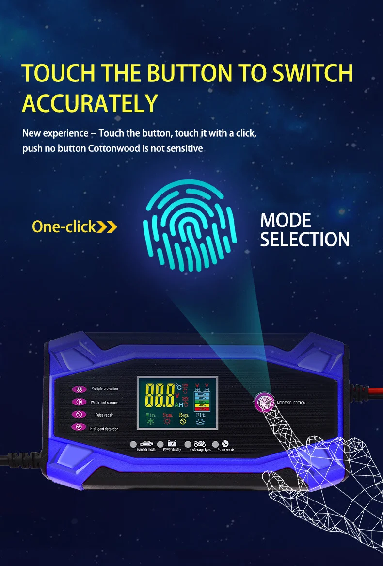 CHAOCHENBEN Hot Sell Blue Intelligent Pulse 12V/24V 10A Car Battery Charger Temperature Compensation Multi-Function Integrated details