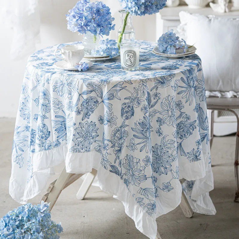 Custom Round Rectangle Embroidered Cotton Tables Covers Luxury Blue White Floral Ruffle Tablecloths Dining Table Cloths for Home