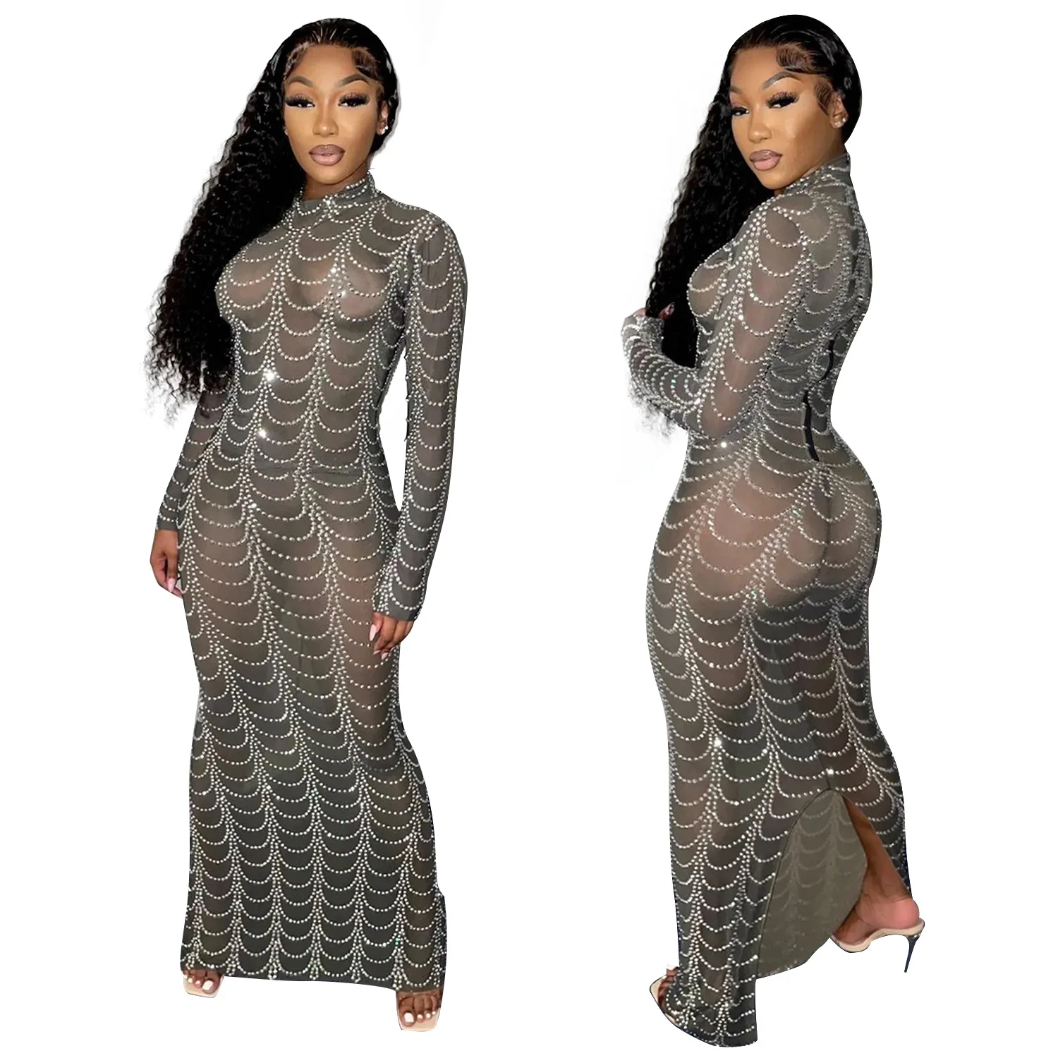 Блестящее прозрачное Сетчатое платье со стразами женское вечернее макси для празднования дня рождения и