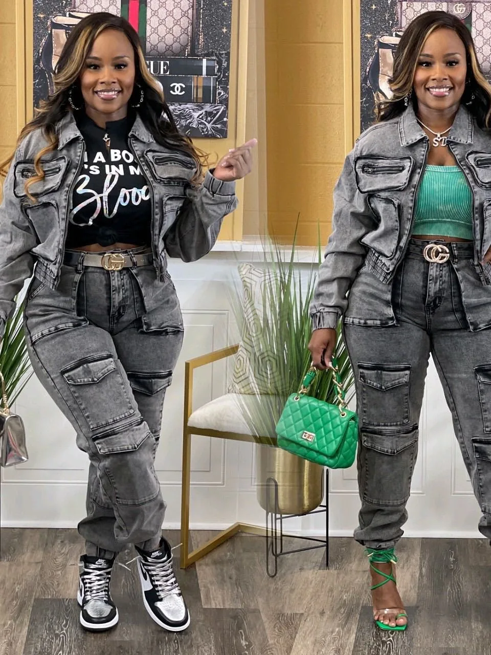 NEW Fashion Women Multi-pocket Washed Denim Long Pants Set Casual Denim Sets Women Two Piece