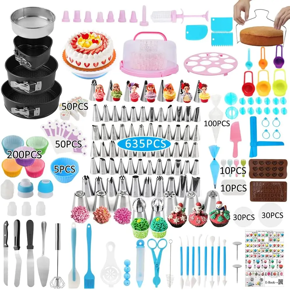 Cake Decorating Supplier Baking Pastry Tools Rotating Cake Stand Turntable Baking Knives Nozzles Baking Pastry Tools 635pcs Set
