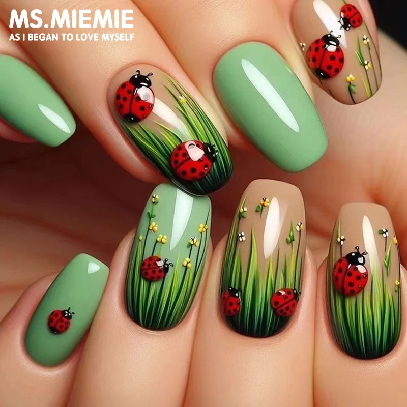 Ms.Miemie 24-Piece Ladybug and Cartoon Grass Nail Patch Solid Color Detachable ABS French Fake Nails for Finger Application