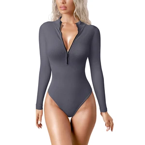 Women's Stretch Bodysuits Sexy Ribbed One Piece Zip Long Sleeve Bodysuits