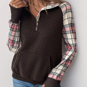 Autumn and Winter New Women's Sweater Diamond Grid Splicing Long-sleeved Cotton Loose Round Neck Pullover Casual Sweater
