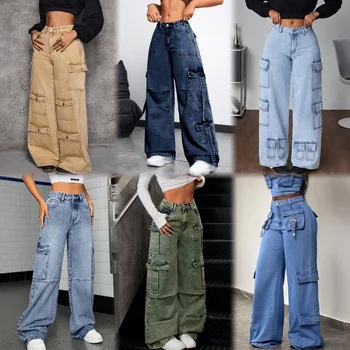 Wholesale custom fashion women's long pants casual cargo denim wide-leg pants women jeans