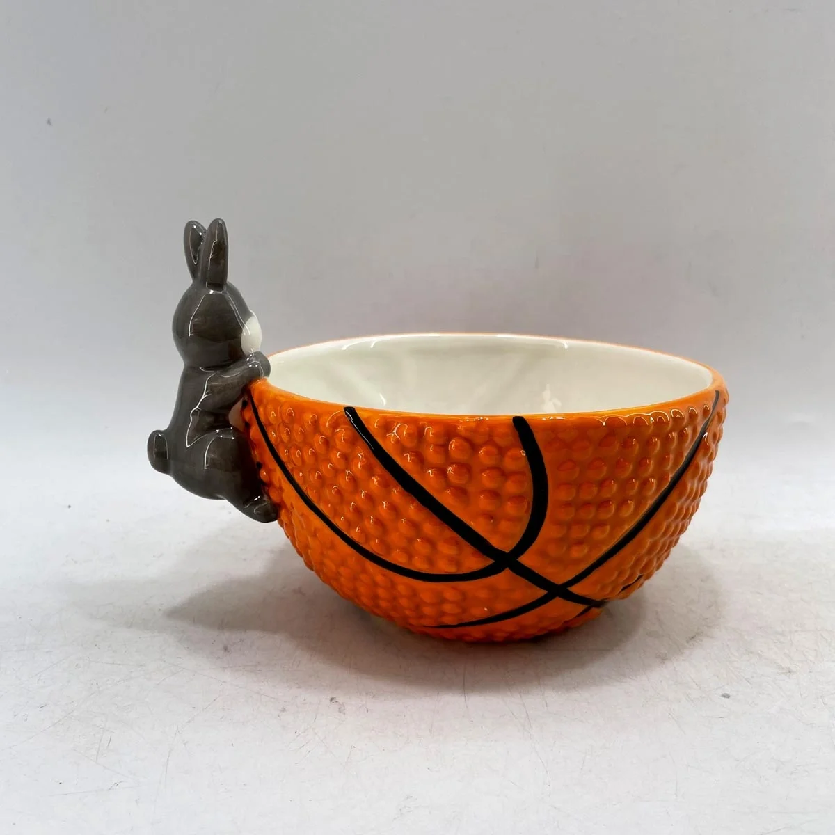 Hand Painted Ceramic Basketball Shaped Candy Bowl with Rabbit Handle