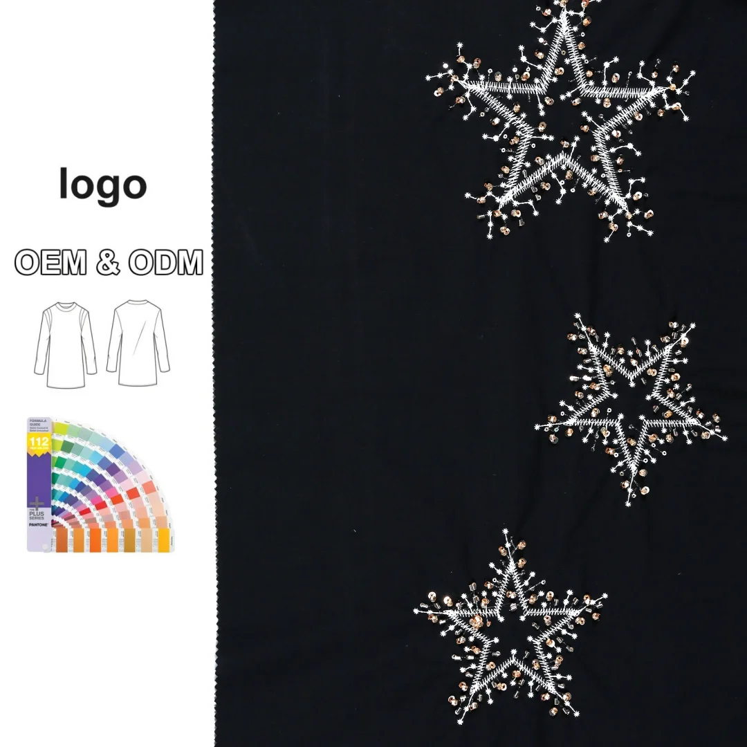 Artistic Tube-Embroidered in Classic Black with Gold Stars Tailored for Tops & Skirts Customized Cotton Embroidery Fabric