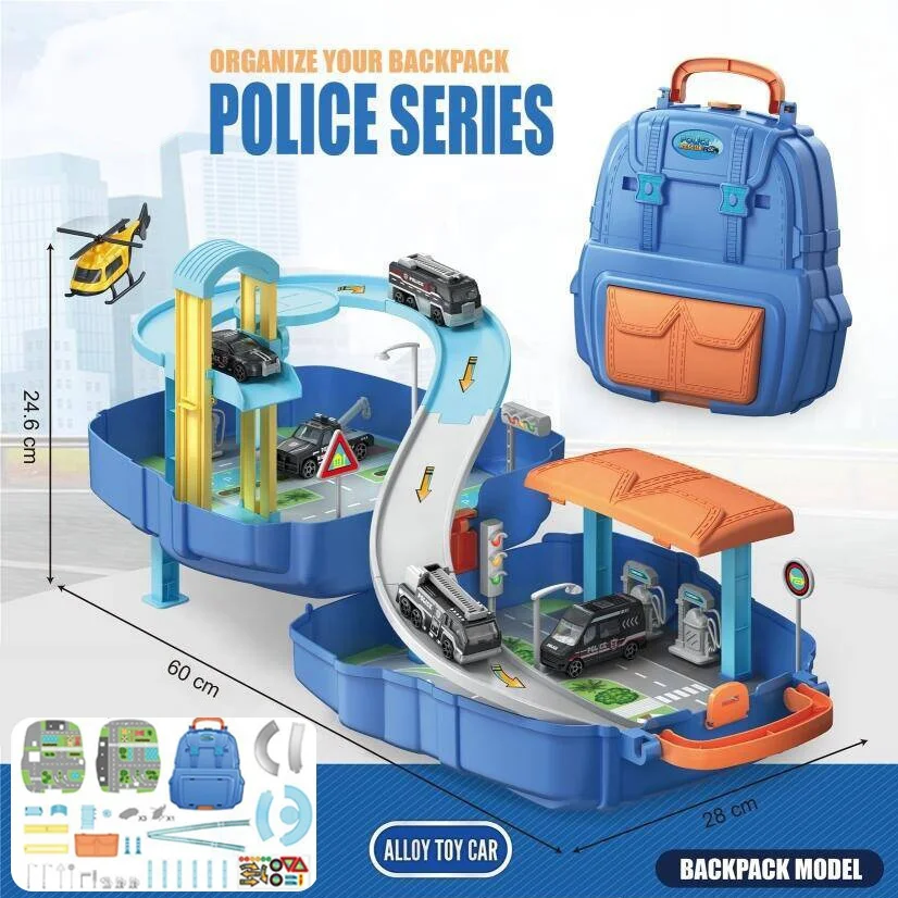 Kid Pretend Play Track Parking Lot Toy Backpack Model DIY Assembly Ramp Track Lifting Parking Garage Play Set with Alloy Vehicle