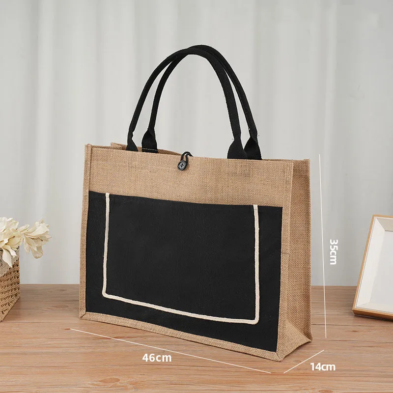 Wholesale Large Capacity Travel Waterproof Canvas Pocket Burlap Jute Bag  With Cotton Handles