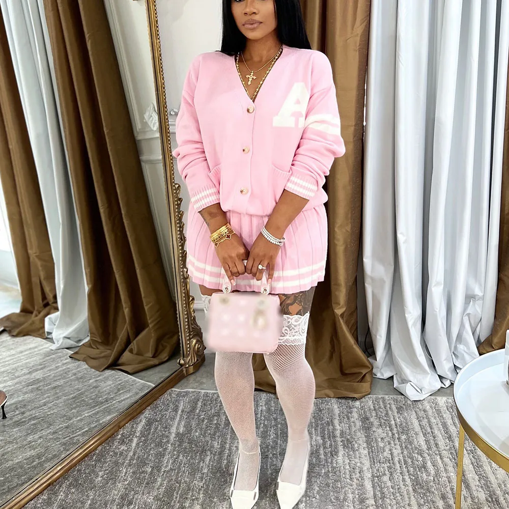 Winter Womens Preppy Piece Skirt Set Casual Outfits Cardigan  Sweater+Matching Pleated Cute College Cardigan Matching Skirt Set