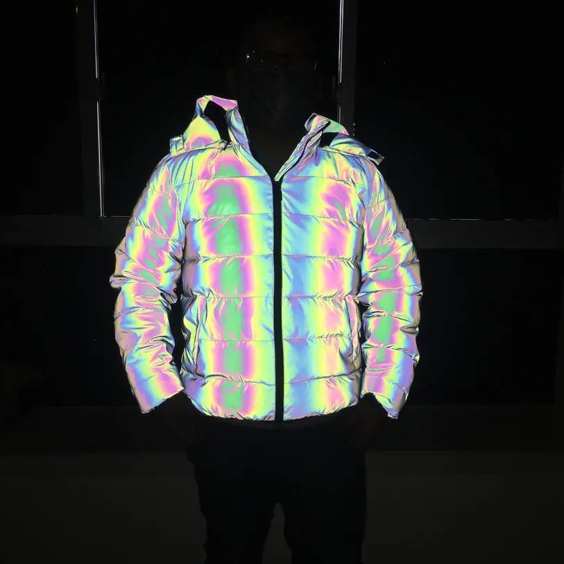 2022 Rainbow Color Reflective Knitted Jacket Men Women Nightclub Hip Hop  Breathable Hooded Jackets And Coats