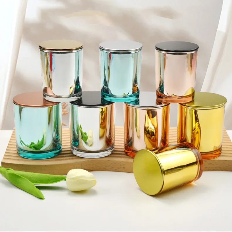 Customer Empty 220ml 7oz 10oz Rose Gold Pink Iridescent Glass Candle Jars Plated Silver Gold