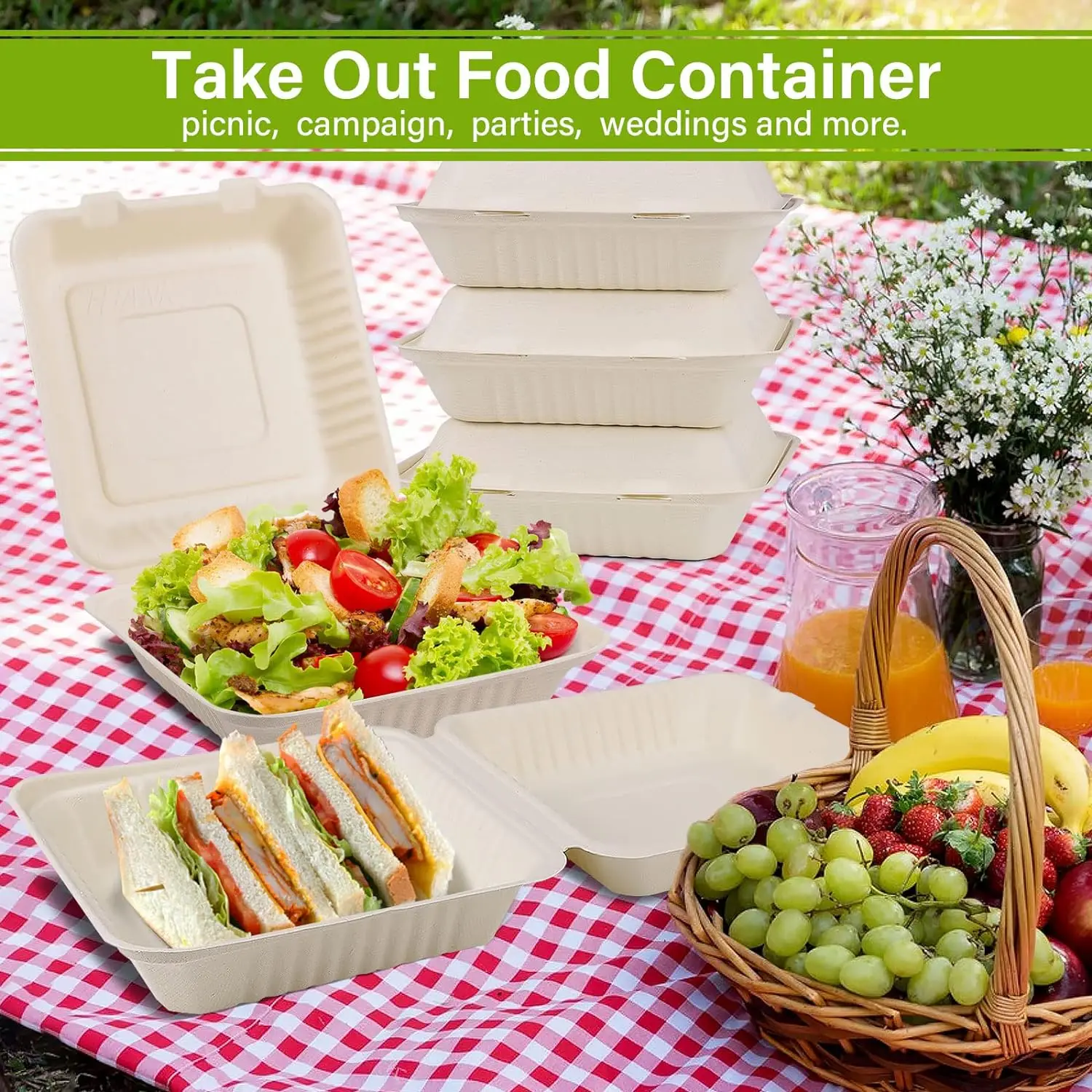 Biodegradable 8x8 Inch Sugarcane Clamshell Packaging Food Lunch Boxes ...