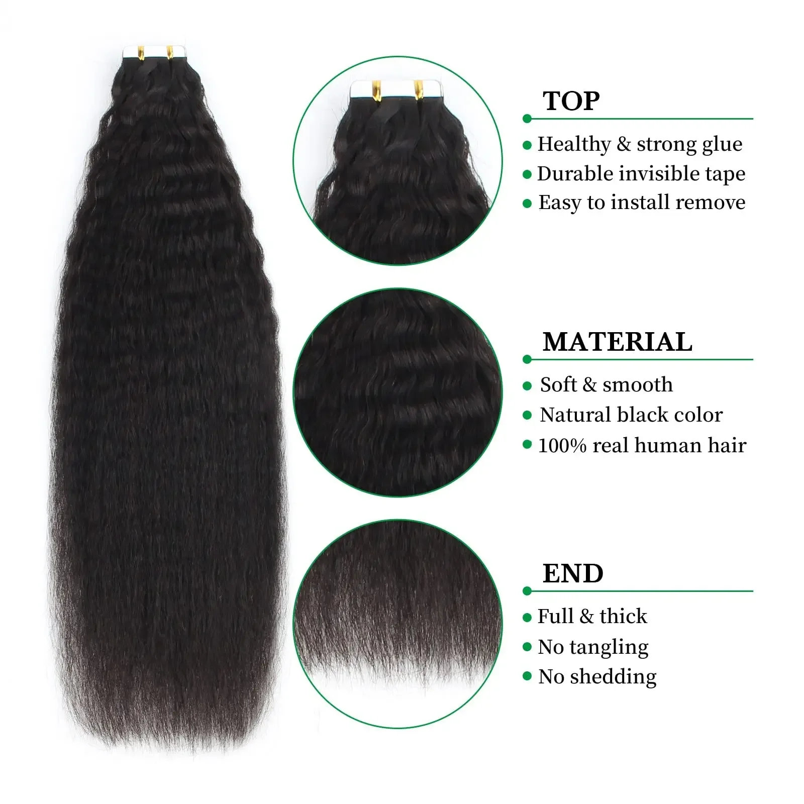 Kinky Straight Tape in Hair Extensions #1B Prawdziwe włosy ludzkie 16-26 cali_voghion.com