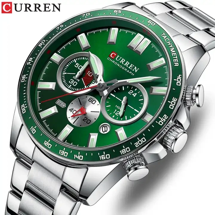 CURREN 8418 reloj cronógrafo verde para hombre, acero inoxidable