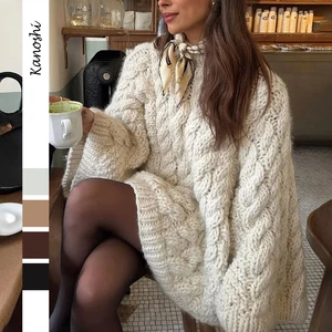 Women's Oversized Sweaters Cable Knit Crewneck Long Sleeve Loose Tunic Mini Sweater Dress