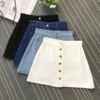 On Sale 2021 Summer Womens Ladies A-Line Jeans Short Skirt Button High Waist Denim Pockets Harajuku Mini Jean Skirts