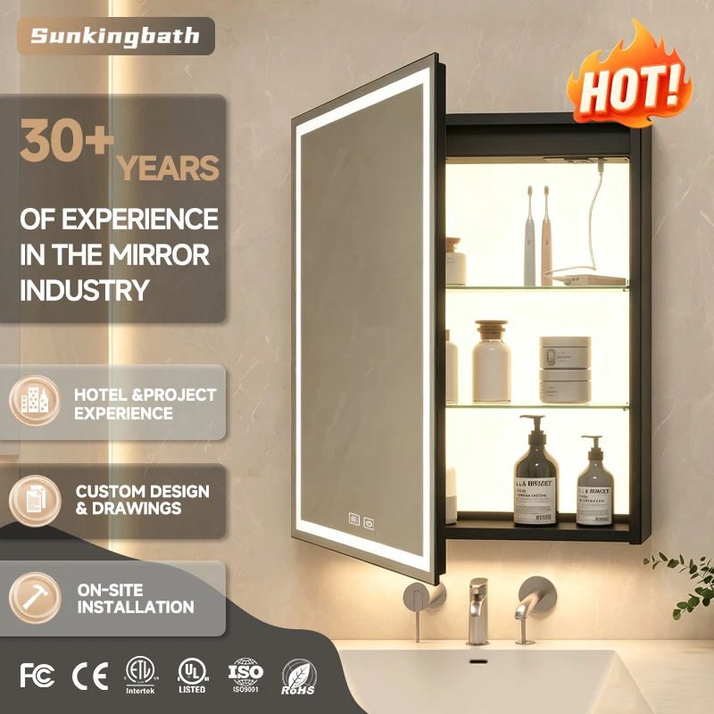 Custom Size LED Mirror Cabinet with Socket USB Anti-Fog Wall Mounted Bathroom Storage Cabinet Adjustable Shelves Hotel OEM