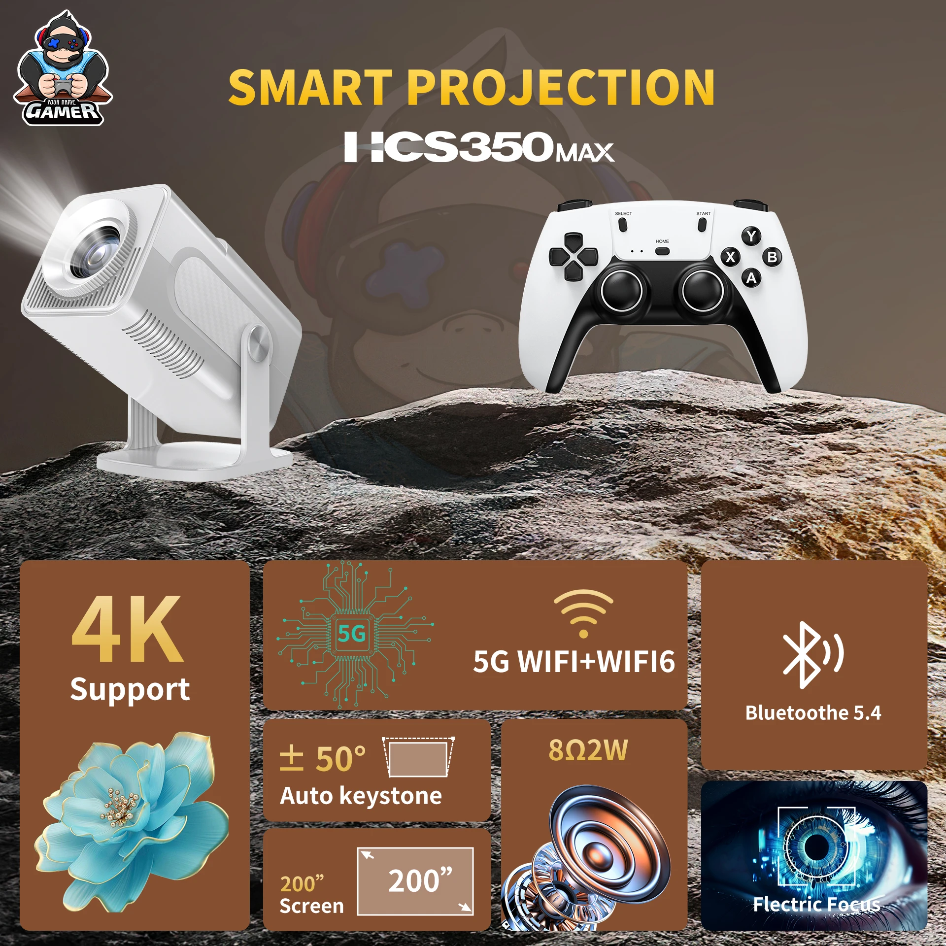 HCS350 Max 4k Portable Projector Game with Wireless Dual Gamepad Portable Mini Game Player Home Interactive Game Projector