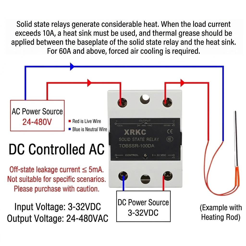 XRKC SSR-40DA 3-32VDC Input 480VAC Output Single-phase Contactless DC Controlled AC High Power Industrial Solid State Relay