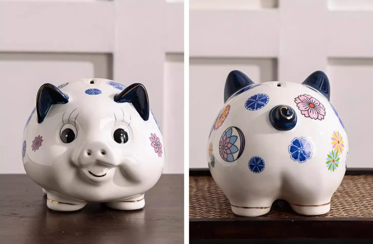 マッケンジーチャイルズ　ピッグ　ぶた　貯金箱　セラミック　ハンドペイント　陶器製 カラフルな陶器のブタ貯金箱 - 手作りの可愛い貯金箱 S/M/Lサイズ