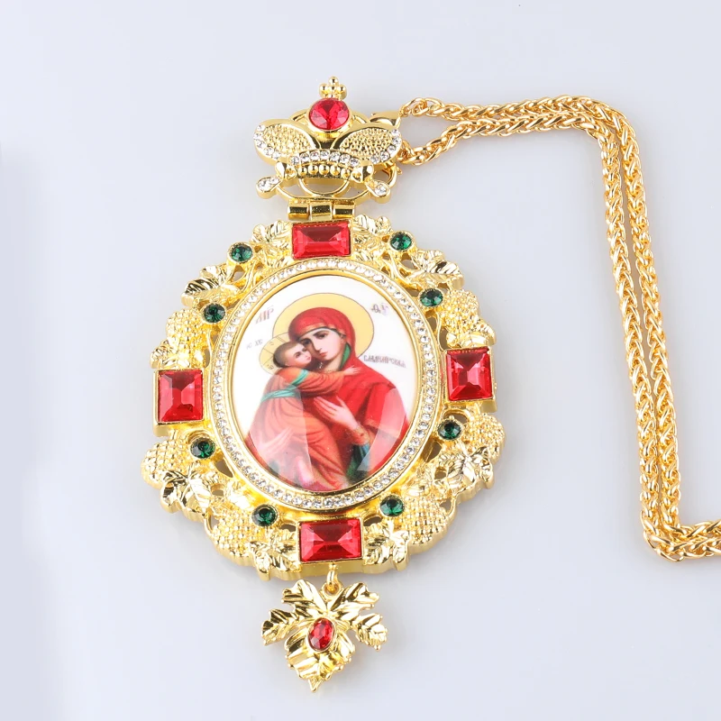 ZD052 Greek Spiritual Gift Box Packing Orthodox  Pectoral Cross and Panagia Gold Plated Necklace Grape Vine Design