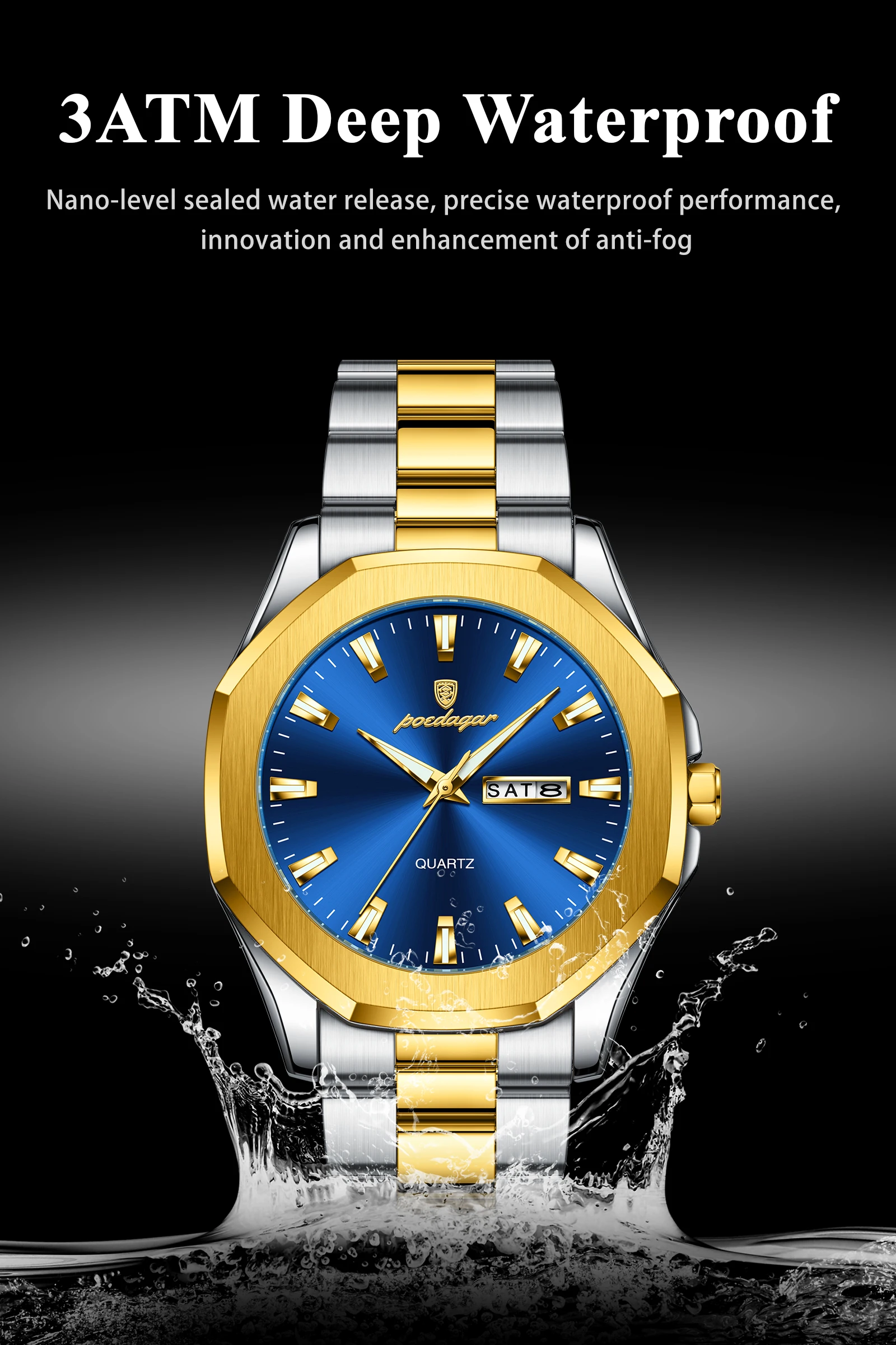 POEDAGAR 875 Men Waterproof Luminous Hands Watch Sport Stainless Steel Wristwatch Original Quartz Men's Dual Calendar Watches