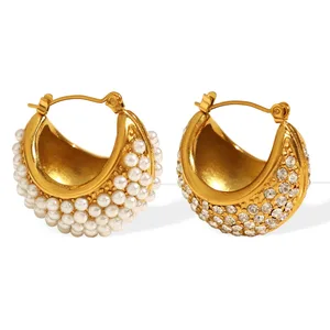 18K Gold Plated Retro Style Earrings Pearls Pave Stainless Steel Full Diamond CZ Stone Cubic Zirconia Trendy CC Hoop Earrings