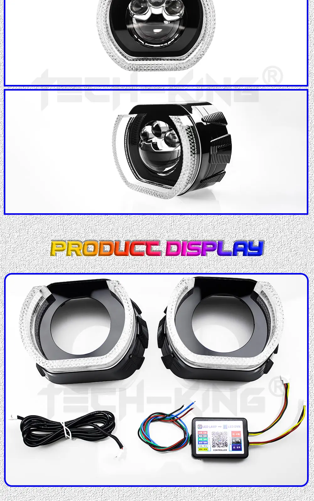 TECH-KING APP Control Projector Shrouds With LED U Shape RGBW Crystal LED Angel Eye Black Decorative Cover Retrofit and upgrade