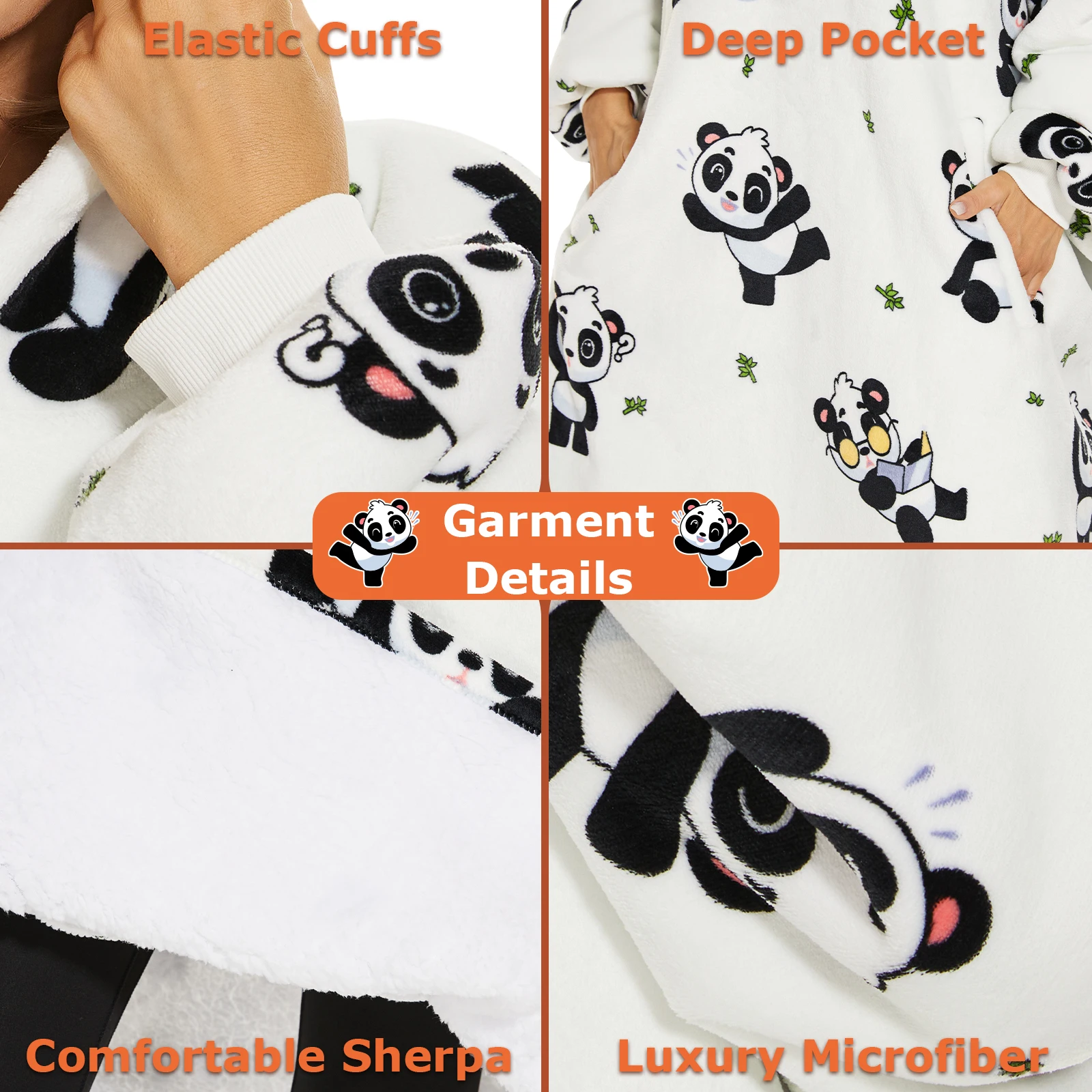 Original Factory Custom Panda Print Oversized Sherpa Adult Sweatshirt Wearable Mens Womens Hooded Hoodie Blanket