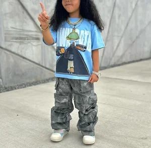 Custom Tshirt LOGO DTG T-shirts Custom Streetwear Oversize High Quality Vintage and Acid Washed Stacked Jeans Kids Clothing Set