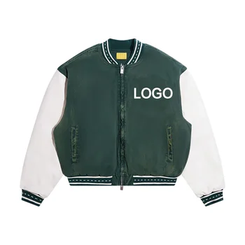 Men's Distressed Washed Denim Bomber Jacket Custom Logo Print Embroidery Varsity Pilot Hunter Coat With Contrast Sleeves